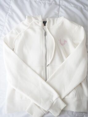 True Religion White Zip-Up Hoodie with Light Pink Logo